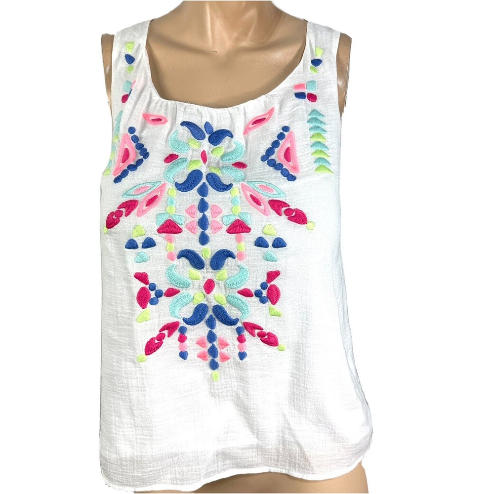 Vineyard Vines Top Embroidered White Gauze Cotton Linen Blouse Sleeveless Size 4